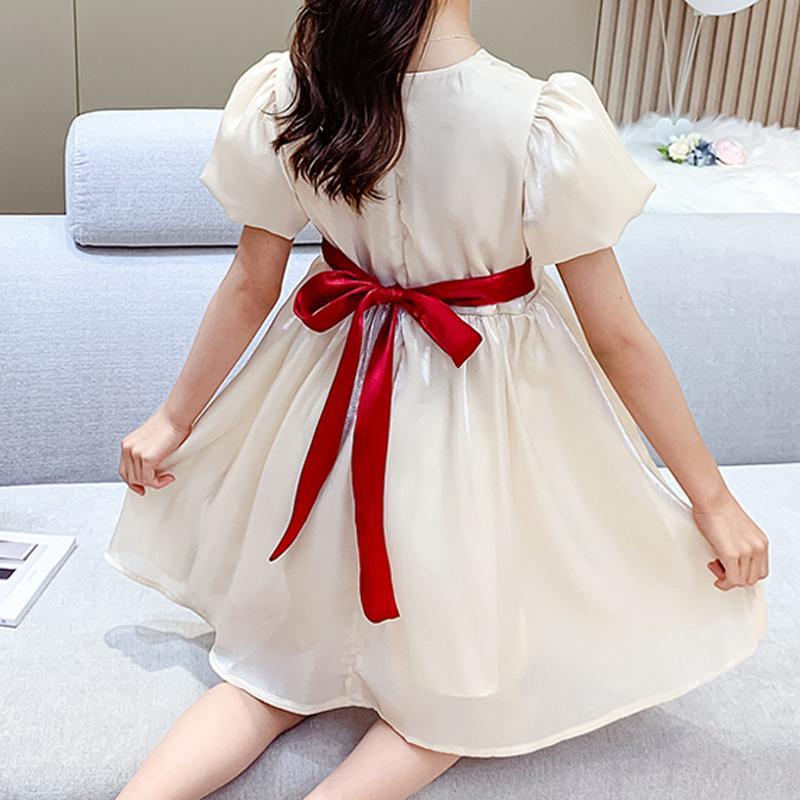 Girl Solid Color Puff Sleeve Belted Dress Children's Clothing - PrettyKid