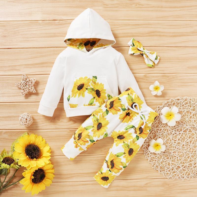 3-piece Sunflower Pattern Hoodie & Pants & Headband for Baby Girl - PrettyKid