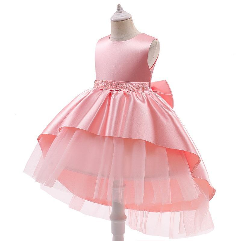 Girl Solid Color Bow Decor Sleeveless Mesh Hem Formal Dress - PrettyKid