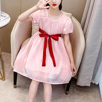 Girl Solid Color Puff Sleeve Belted Dress Children's Clothing - PrettyKid