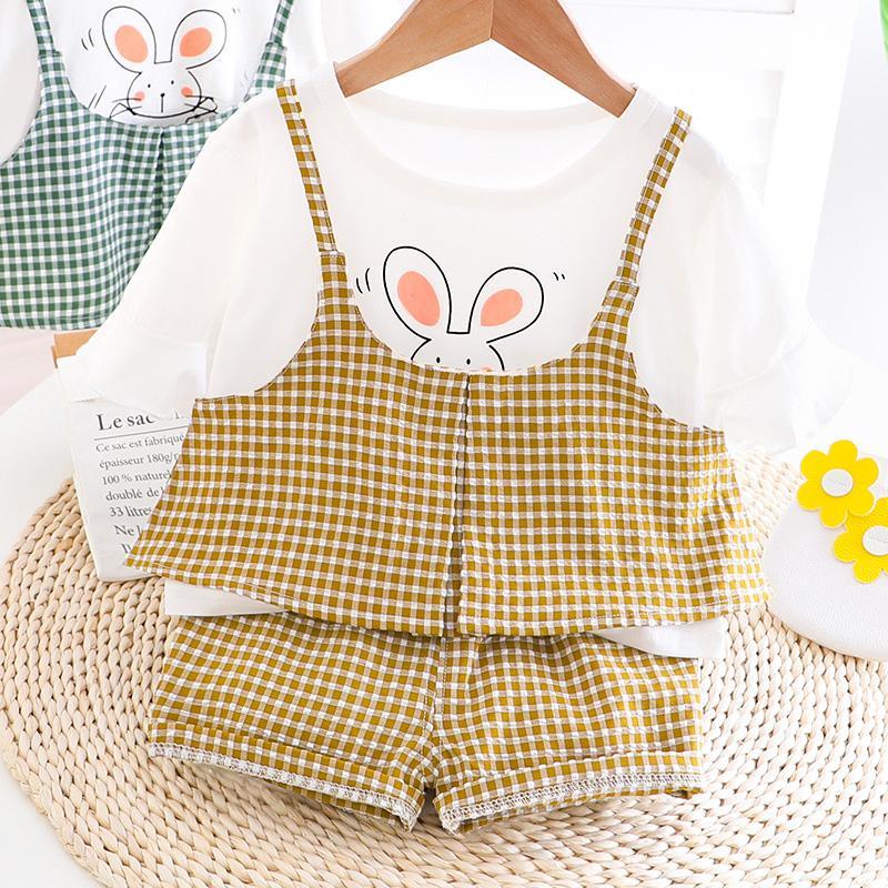 Rabbit Printed Plaid T-shirt & Plaid Shorts Set - PrettyKid