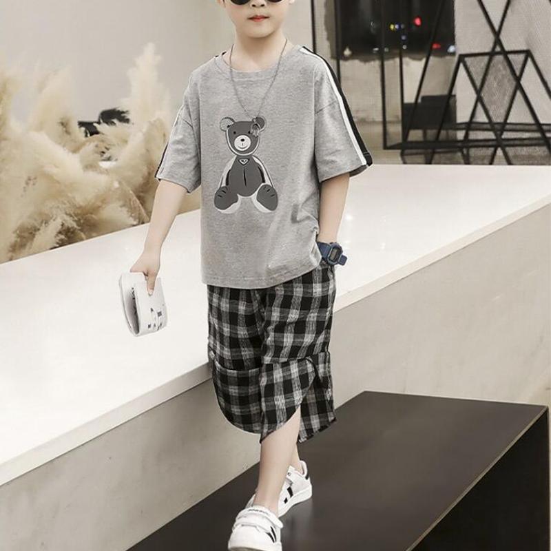 Boy Bear Pattern T-shirt & Loose Plaid Capri Pants - PrettyKid