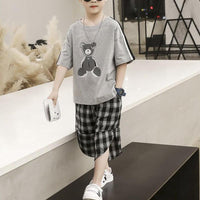 Boy Bear Pattern T-shirt & Loose Plaid Capri Pants - PrettyKid