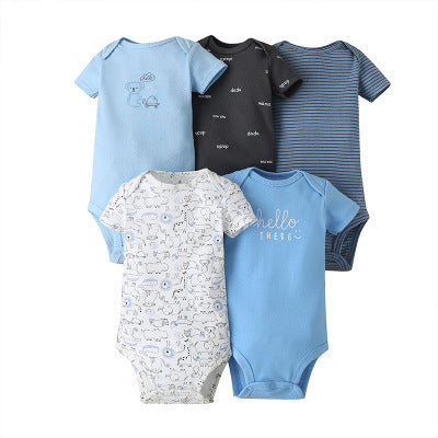 5PCs Set Jumpsuit Baby Boys Girls Short Sleeve Mixed Color Printing Triangle Jumpsuit Creeper 5 - PrettyKid