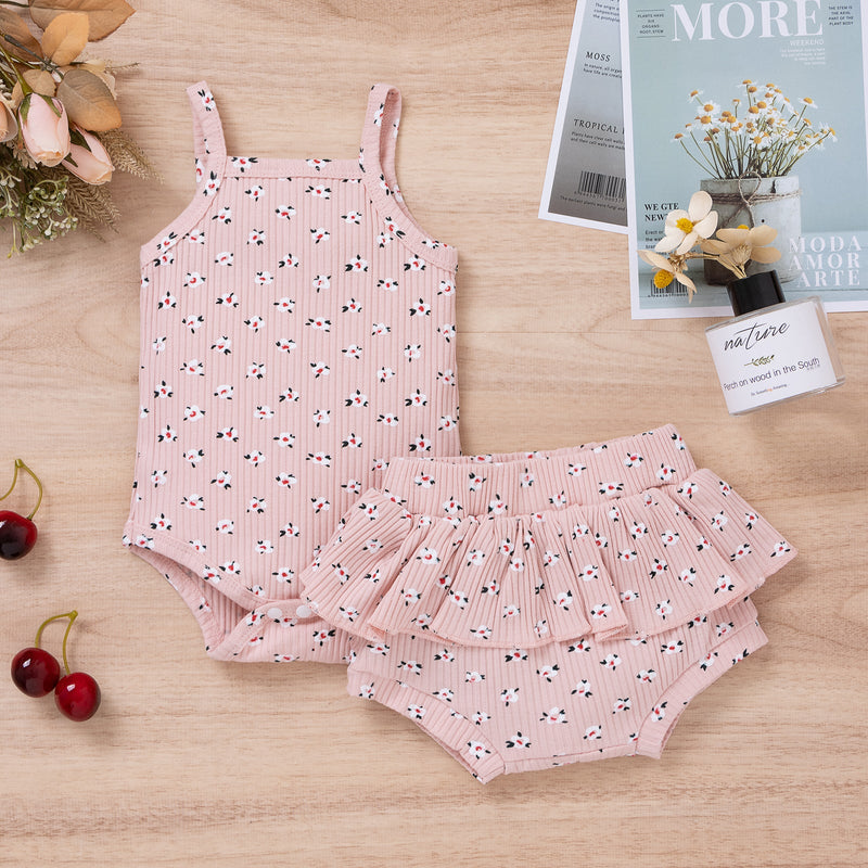 0-18M Baby Girls Sets Ribbed Floral Print Cami Bodysuit & Shorts Wholesale Baby Clothes In Bulk - PrettyKid