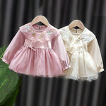 us children's wholesale clothing Baby Girl Embroidery Pattern Solid Color Dress - PrettyKid