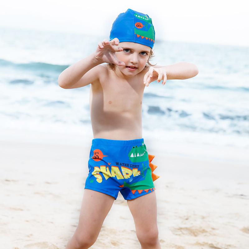 Kid Boy Cartoon Shark Print Swimming Trunks & Swimming Cap 2Pic Children's Clothing - PrettyKid