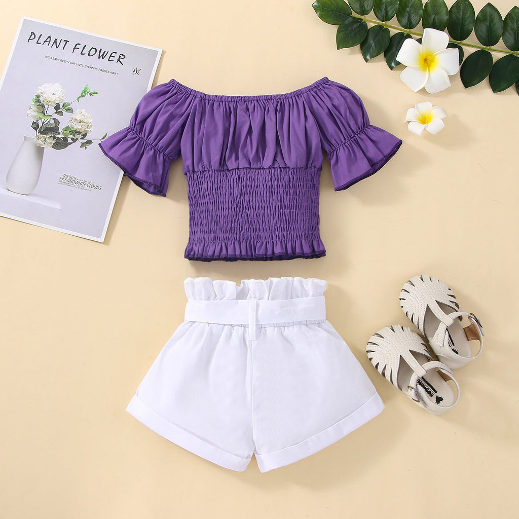 9M-4Y Toddler Girls Off Shooulder Smocked Top And Shorts Wholesale Girls Fashion Clothes - PrettyKid