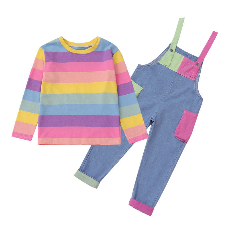 3-13Y Big Girl Clothes Sets Rainbow Hit Color Long Sleeve Tops & Suspender Jeans Wholesale Kids Boutique Clothing - PrettyKid