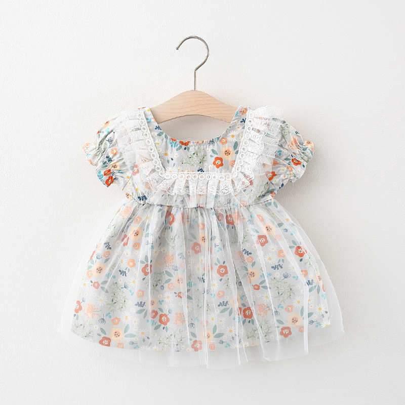 Baby Girl Floral Pattern Summer Mesh Hem Dress - PrettyKid