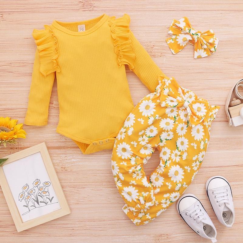 3pcs Leaf Sleeve Bodysuit and Pants Set - PrettyKid