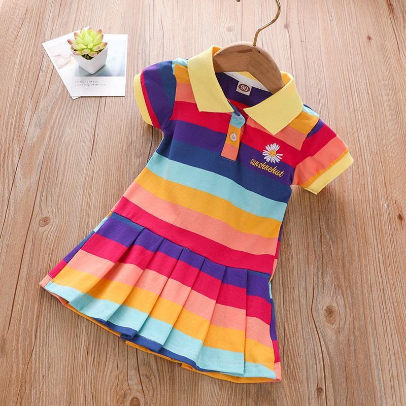 Toddler Girl Polo Collar Rainbow Dress Children's Clothing - PrettyKid