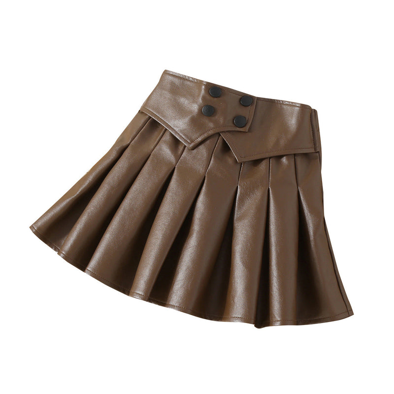 2-7Y Toddler Girls PU Leather Pleated A-Line Skirts Girl Wholesale Boutique Clothing - PrettyKid