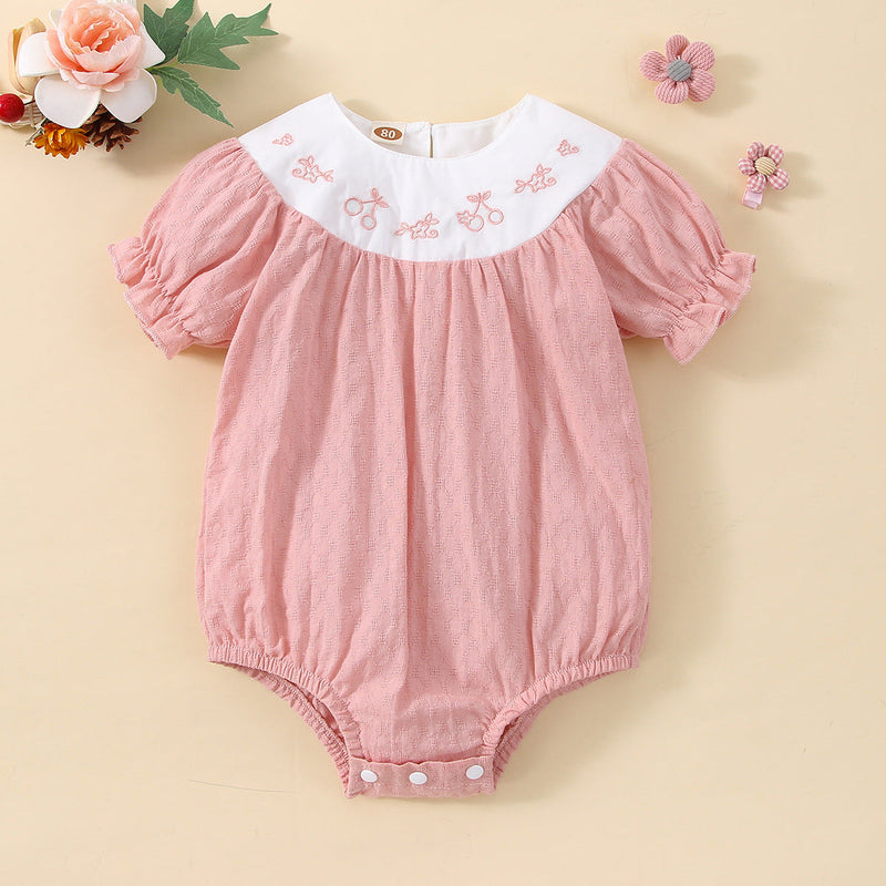 Baby Girl Puff Sleeve Embroidered Pink Bodysuit Wholesale Baby Onesies - PrettyKid