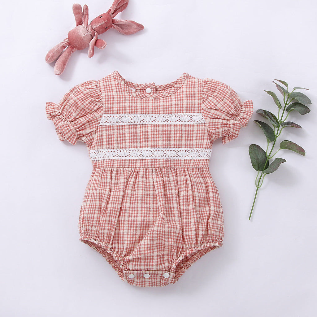 Baby Girl Bubble Lace Trim Plaid Print Bodysuit Wholesale Baby Onesies - PrettyKid