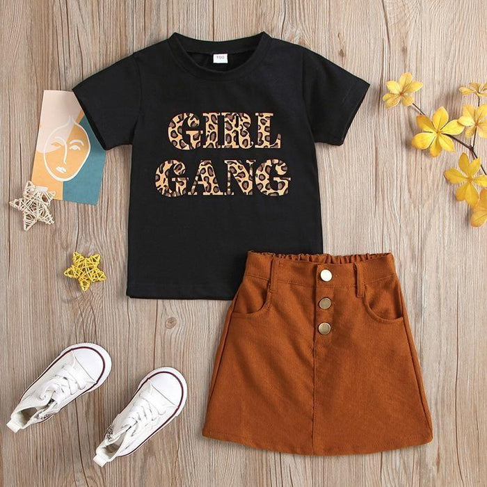 Toddler Girl Leopard Letter Print T-Shirt & Skirt Children's Clothing - PrettyKid