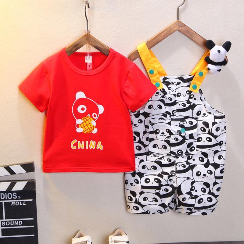 Toddler Girl Cartoon Panda Pattern T-shirt & Printed Overalls - PrettyKid