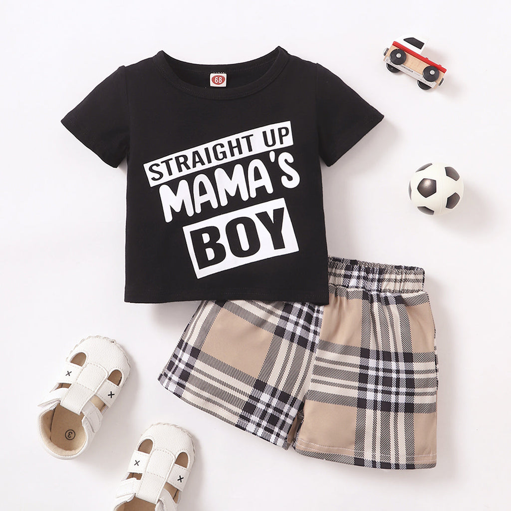 Baby Girl Letter Print T-Shirt And Plaid Shorts Baby Boy Clothing Sets - PrettyKid