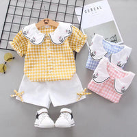 Toddler Girl Irregular Collar Check Top & Bow Element Shorts Wholesale Children's Clothing - PrettyKid