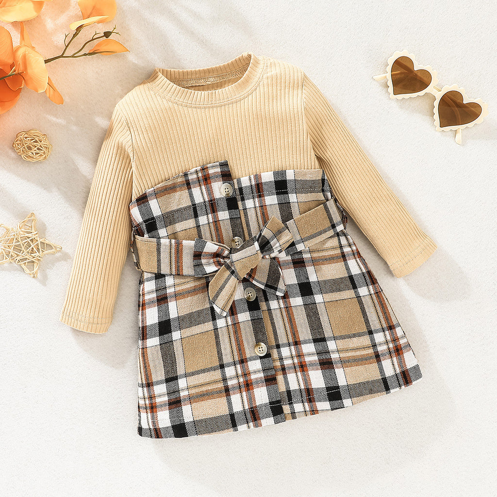 Wholesale Baby Round neck Patchwork Plaid Long Sleeve Dress in Bulk - PrettyKid