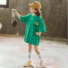 Girl Solid Color Cartoon Letter Printed Round Neck Short Sleeve Long T-shirt - PrettyKid