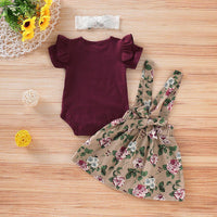 3-piece Burgundy Ruffle Bodysuit, Suspender Skirt and Headband Set Wholesale children's clothing - PrettyKid