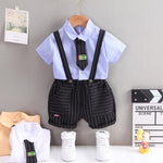 Toddler Boy Tie Decor Shirt & Plaid Suspender Shorts - PrettyKid