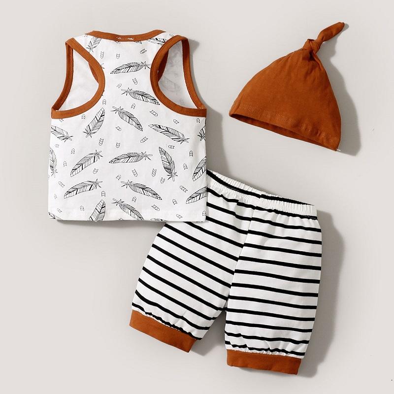 Baby Boy Leaf Print Tank & Striped Shorts & Hat - PrettyKid