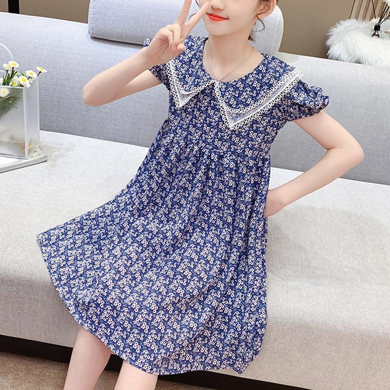 Kid Girl Puff Sleeve Lapel Print Chiffon Dress - PrettyKid