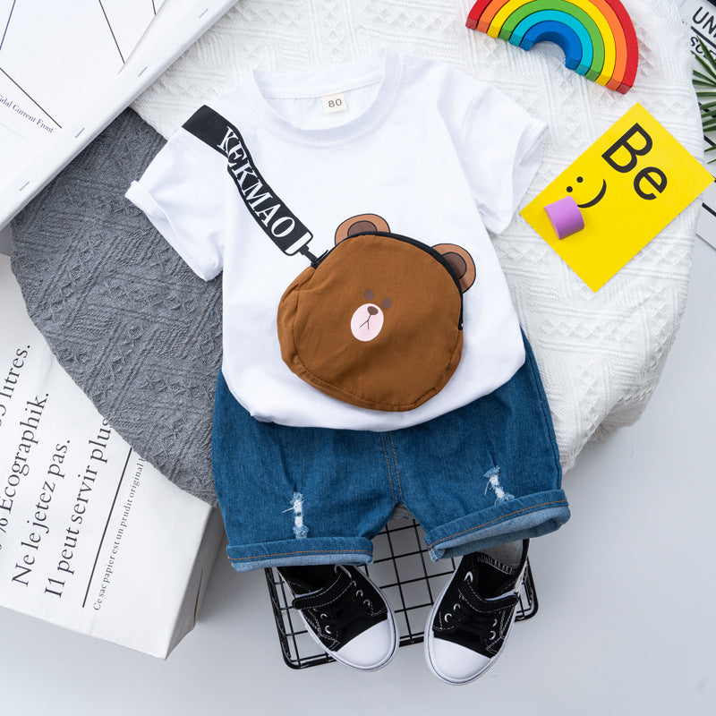 9M-4Y Cute Bear Bag Short-Sleeved Denim Shorts Suit Wholesale Baby Clothes - PrettyKid