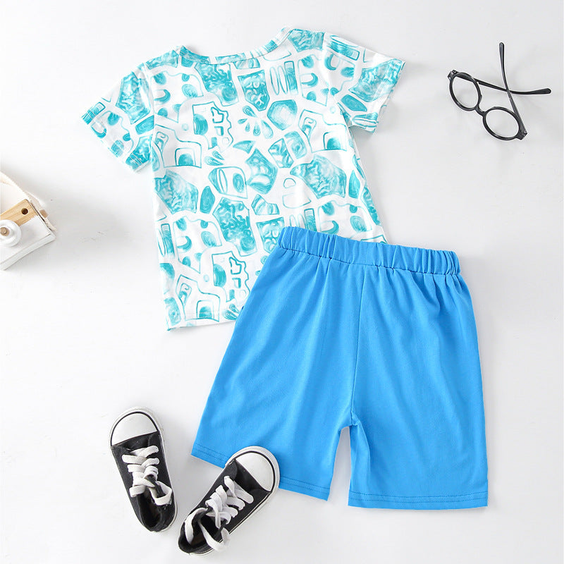 Boy Cartoon Print T-Shirt And Blue Shorts Toddler Boy Outfit Sets - PrettyKid