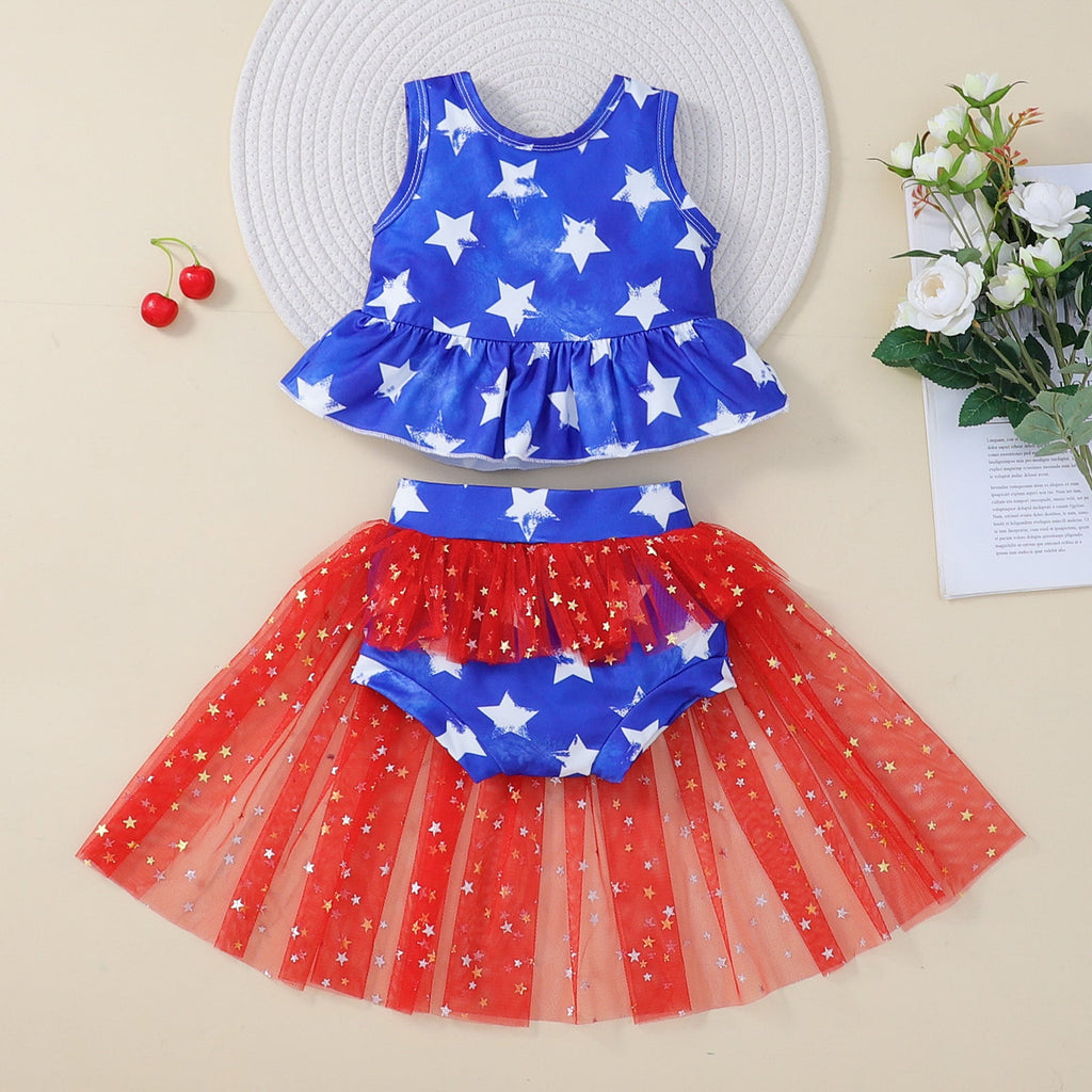 9M-4Y Star Print Sequin Mesh Irregular Independence Day Suit Wholesale Baby Clothes - PrettyKid