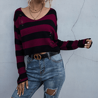 Women Pullover Round Collar Stripes Sweater - PrettyKid