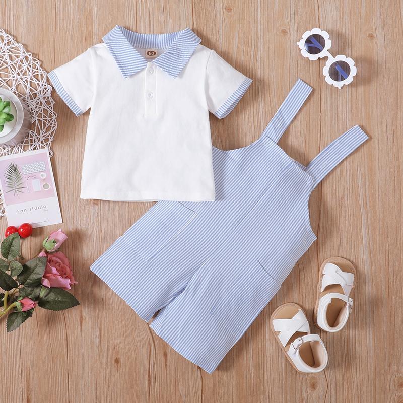 Baby Boy Color-block Shirt & Striped Overalls - PrettyKid