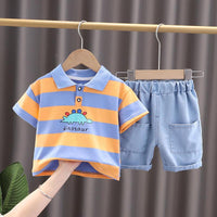 9M-4Y Toddler Boys Sets Dinosaur Striped Polo Shirts & Denim Shorts Wholesale Boys Boutique Clothing - PrettyKid