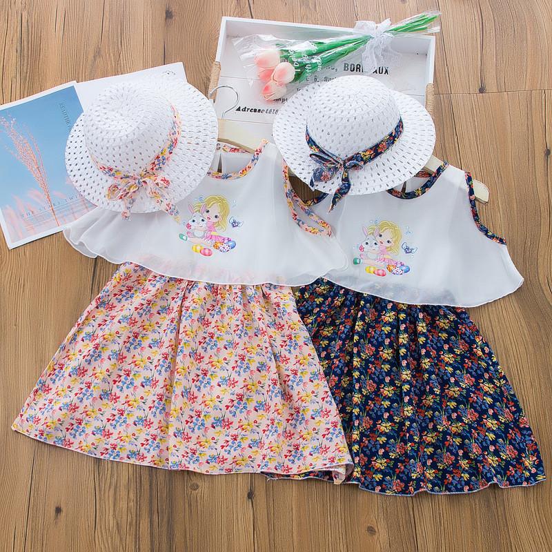 Toddler Girl Chiffon Floral Print Dress & Hat - PrettyKid
