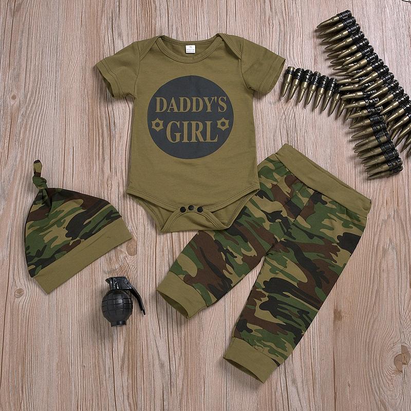 3-Piece Short-Sleeve Letter Print Bodysuit, Camouflage Pants and Hat for Baby Clothing Wholesale - PrettyKid