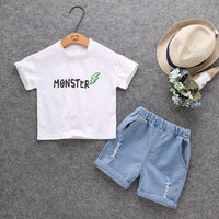 Toddler Boy Cartoon Letter Pattern Top & Denim Shorts - PrettyKid