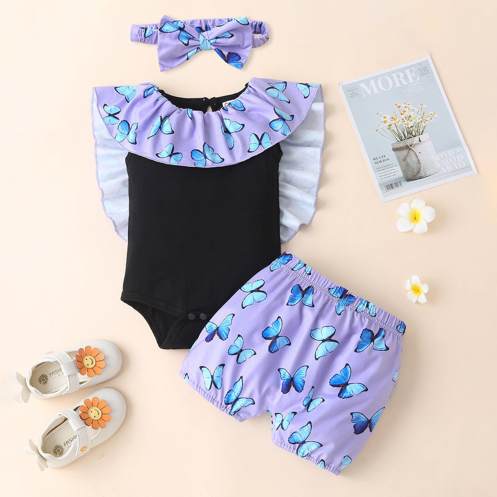 3-18M Baby Girls Sets Butterfly Print Bodysuit & Shorts Headband Wholesale Baby Clothes In Bulk - PrettyKid