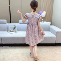 Kid Girl Puff Sleeve Lapel Print Chiffon Dress - PrettyKid