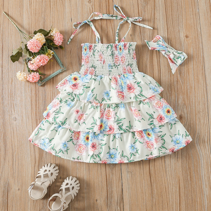 9months-5years Toddler Girl Dresses Children's Clothing Two-Piece Set Girls New Floral Suspender Dress & Headband - PrettyKid