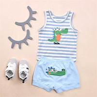 Baby Boys Crocodile Pattern Sleeveless Striped Bodysuit And Shorts Wholesale Baby Sets - PrettyKid