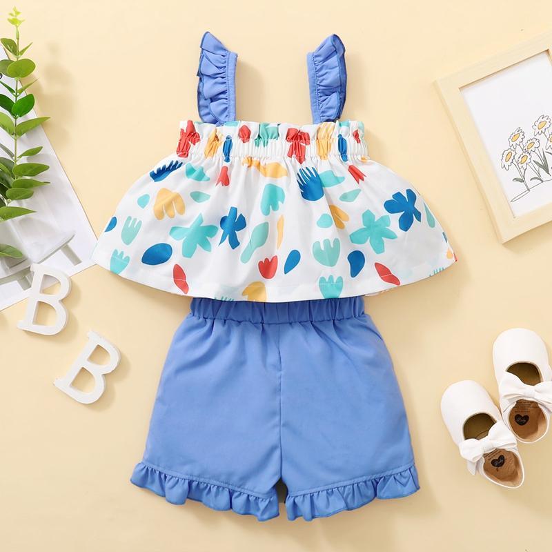 Toddler Girl Ruffle Trim Bowknot Decor Printed Top & Shorts - PrettyKid