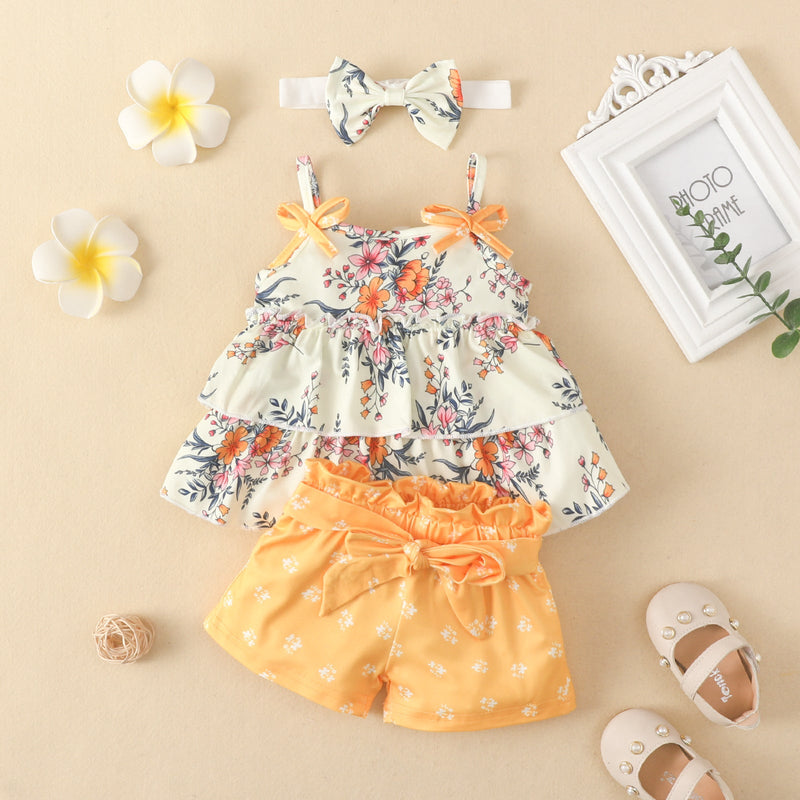 3-24months Baby Sets Summer Infant Floral Sleeveless Sling Top & Shorts Suit Baby - PrettyKid