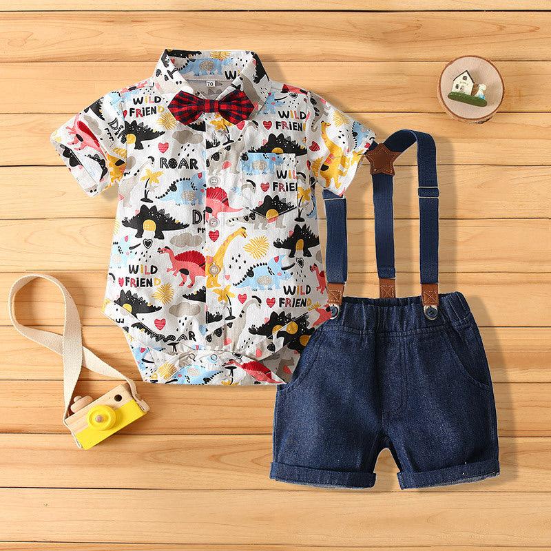 Baby Boys Summer Cartoon Dinosaur Print Shirt & Overalls Shorts Two Piece Sets - PrettyKid