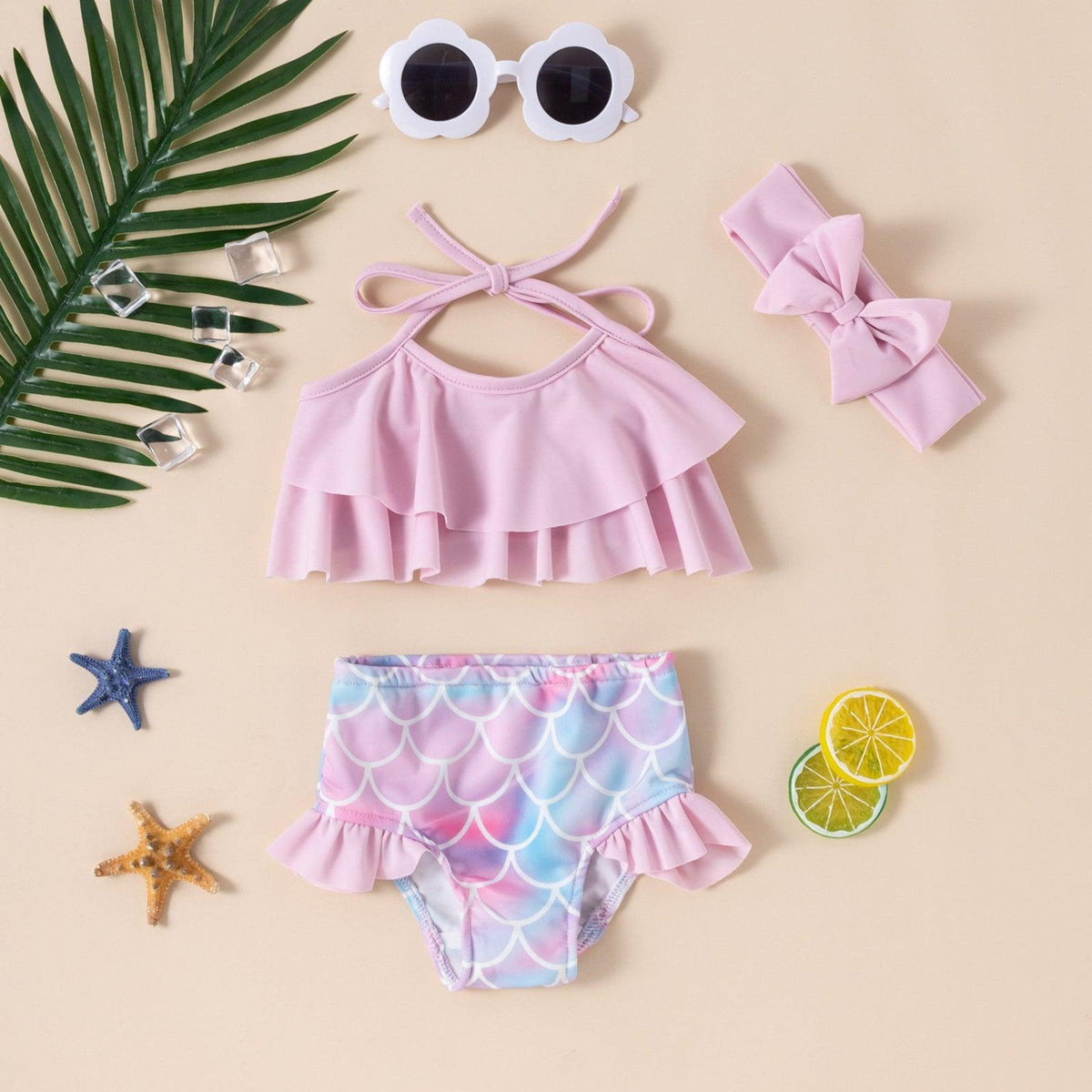 9M-4Y Little Girls Swimsuits Sets Ruffled Halter-Neck Top & Fish Scales Briefs Fashion Girl Wholesale - PrettyKid