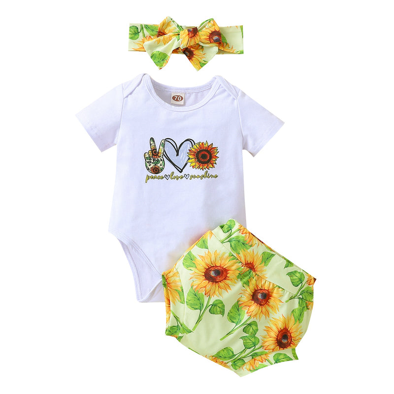 3-24M Baby Onesie Sets Sunflower Short Sleeve Crew Neck Headband Wholesale Baby Boutique Clothing - PrettyKid