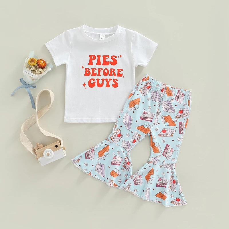 9M-4Y Toddler Girls Sets Letter Short Sleeve T-Shirt Cake Print Flared Pants Wholesale Little Girl Clothing - PrettyKid