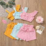 Toddler Girl Solid Color Ruffle Trim Top & Bow Decor Shorts - PrettyKid