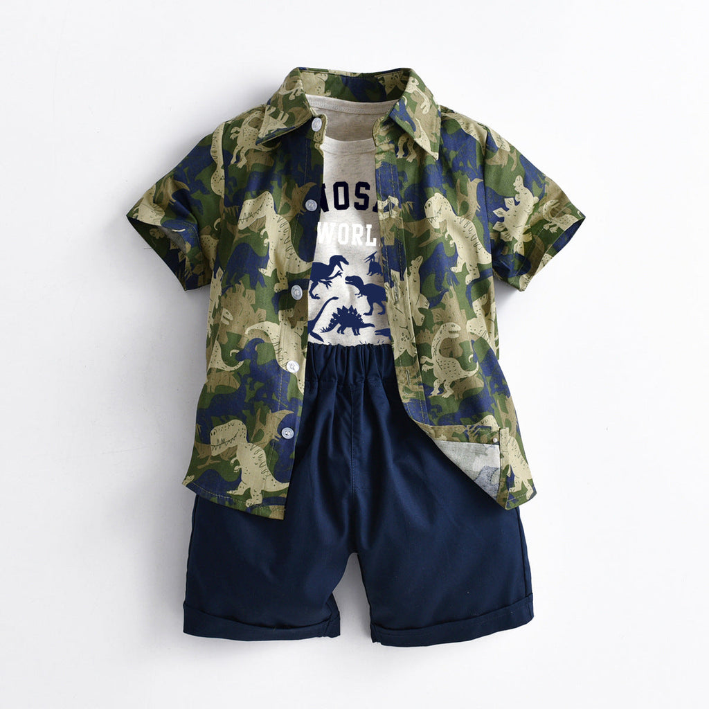 Boys Dinosaur Print Shirt And T-Shirt And Shorts Toddler Boy Sets - PrettyKid
